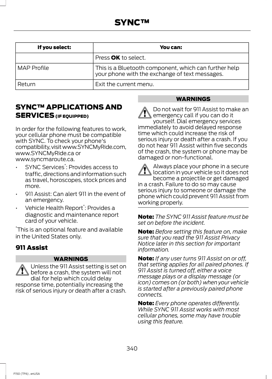 Sync™ applications and services, Sync | FORD 2014 F-150 Raptor v.2 User Manual | Page 343 / 470