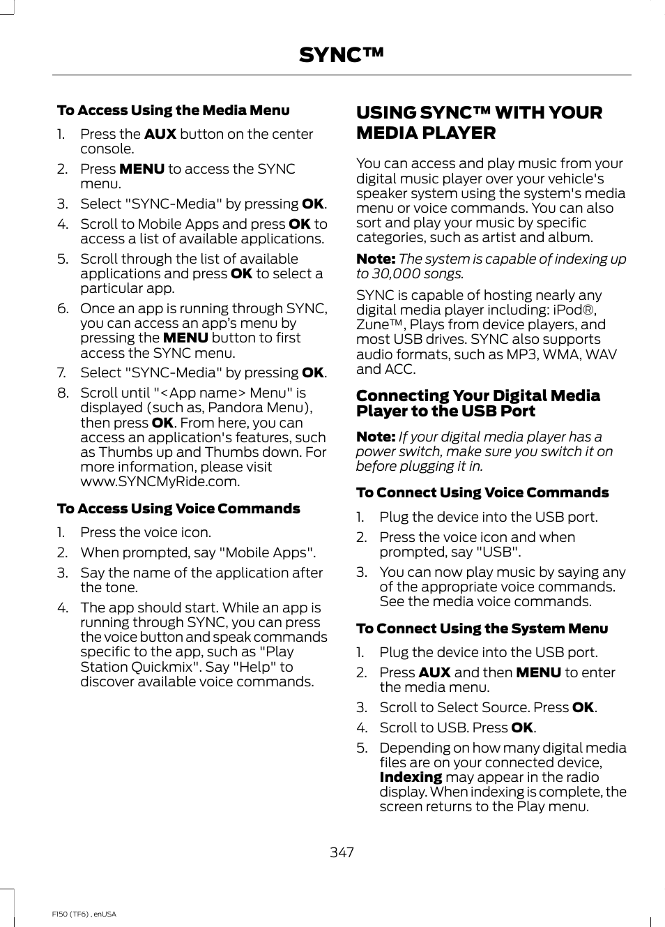 Using sync™ with your media player, Using sync™ with your media, Player | Sync | FORD 2014 F-150 Raptor v.2 User Manual | Page 350 / 470