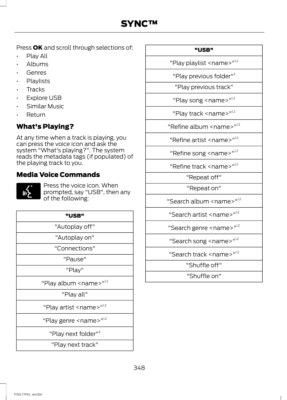 Sync, What's playing, Media voice commands | FORD 2014 F-150 Raptor v.2 User Manual | Page 351 / 470