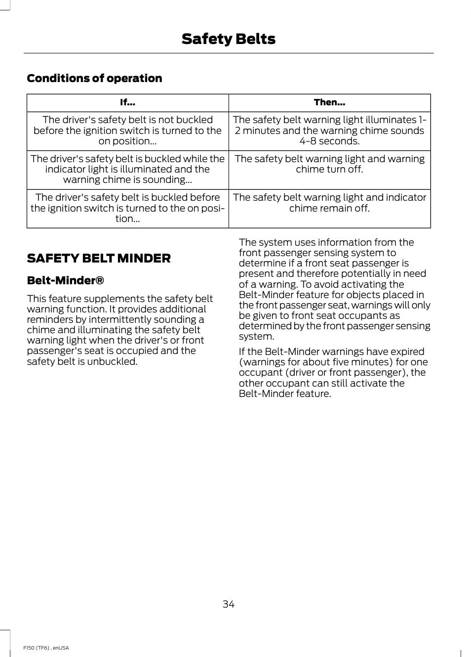 Safety belt minder, Safety belts | FORD 2014 F-150 Raptor v.2 User Manual | Page 37 / 470