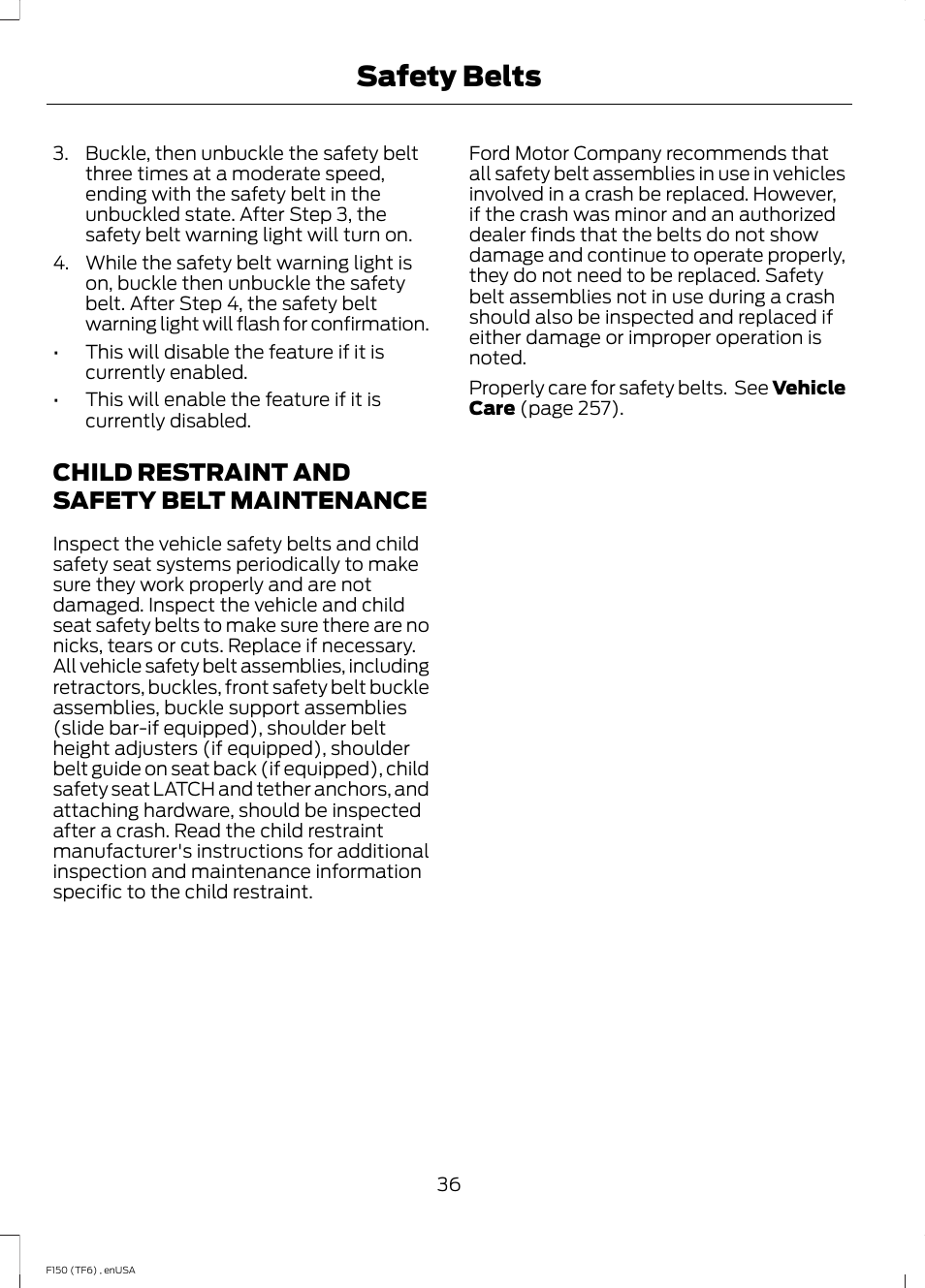 Child restraint and safety belt maintenance, Child restraint and safety belt, Maintenance | Safety belts | FORD 2014 F-150 Raptor v.2 User Manual | Page 39 / 470
