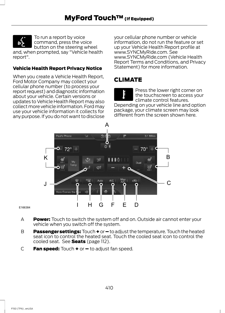 Climate, Myford touch | FORD 2014 F-150 Raptor v.2 User Manual | Page 413 / 470