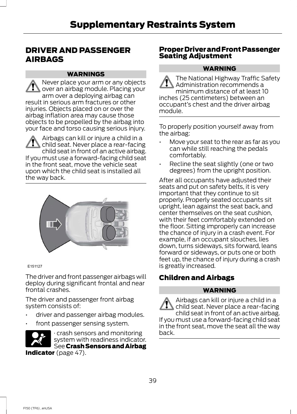 Driver and passenger airbags, Supplementary restraints system | FORD 2014 F-150 Raptor v.2 User Manual | Page 42 / 470