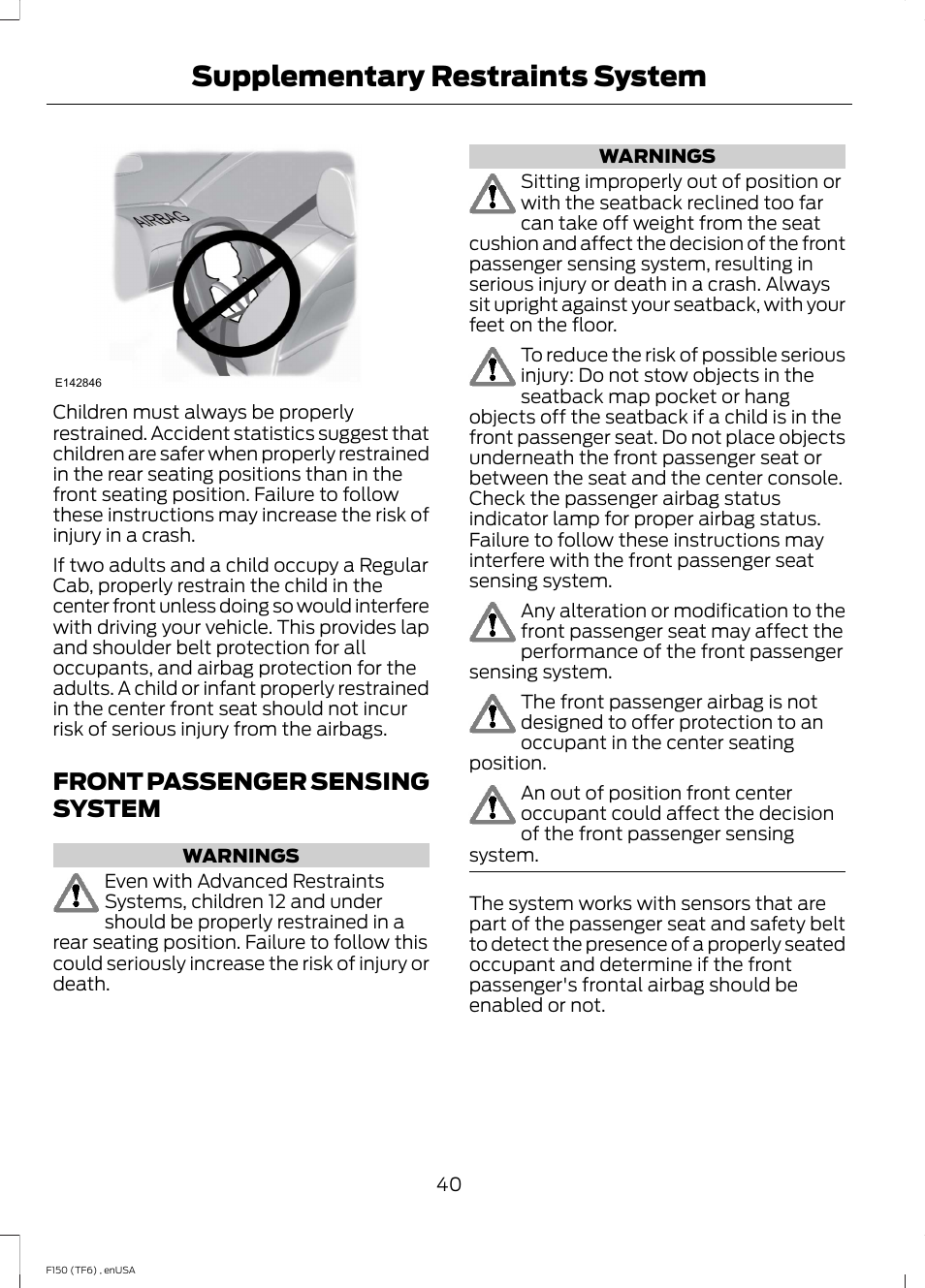 Front passenger sensing system, Supplementary restraints system | FORD 2014 F-150 Raptor v.2 User Manual | Page 43 / 470