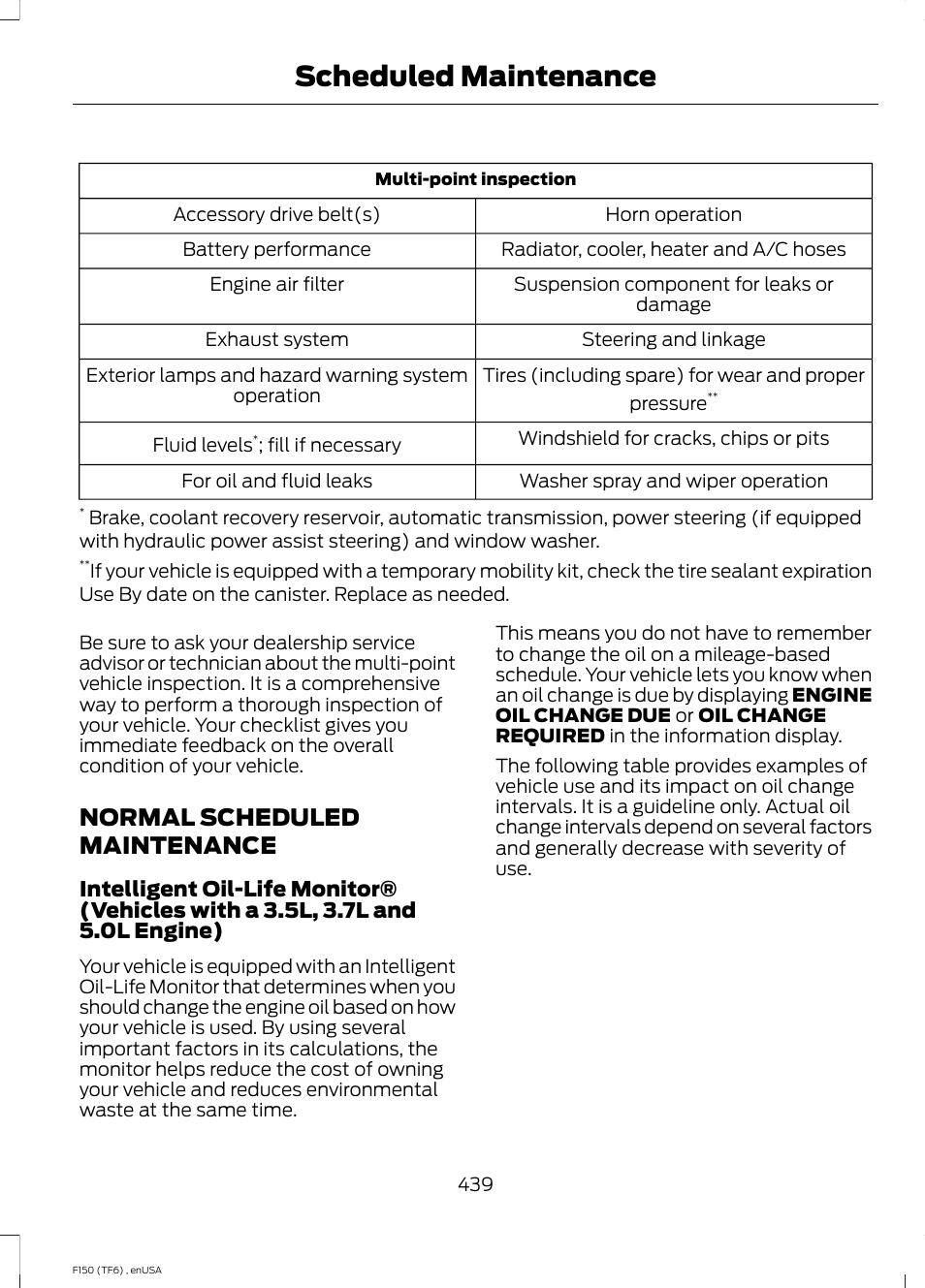 Normal scheduled maintenance, Scheduled maintenance | FORD 2014 F-150 Raptor v.2 User Manual | Page 442 / 470