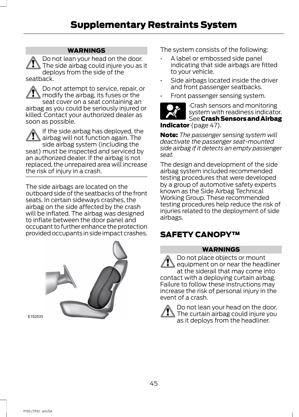 Safety canopy, Supplementary restraints system | FORD 2014 F-150 Raptor v.2 User Manual | Page 48 / 470