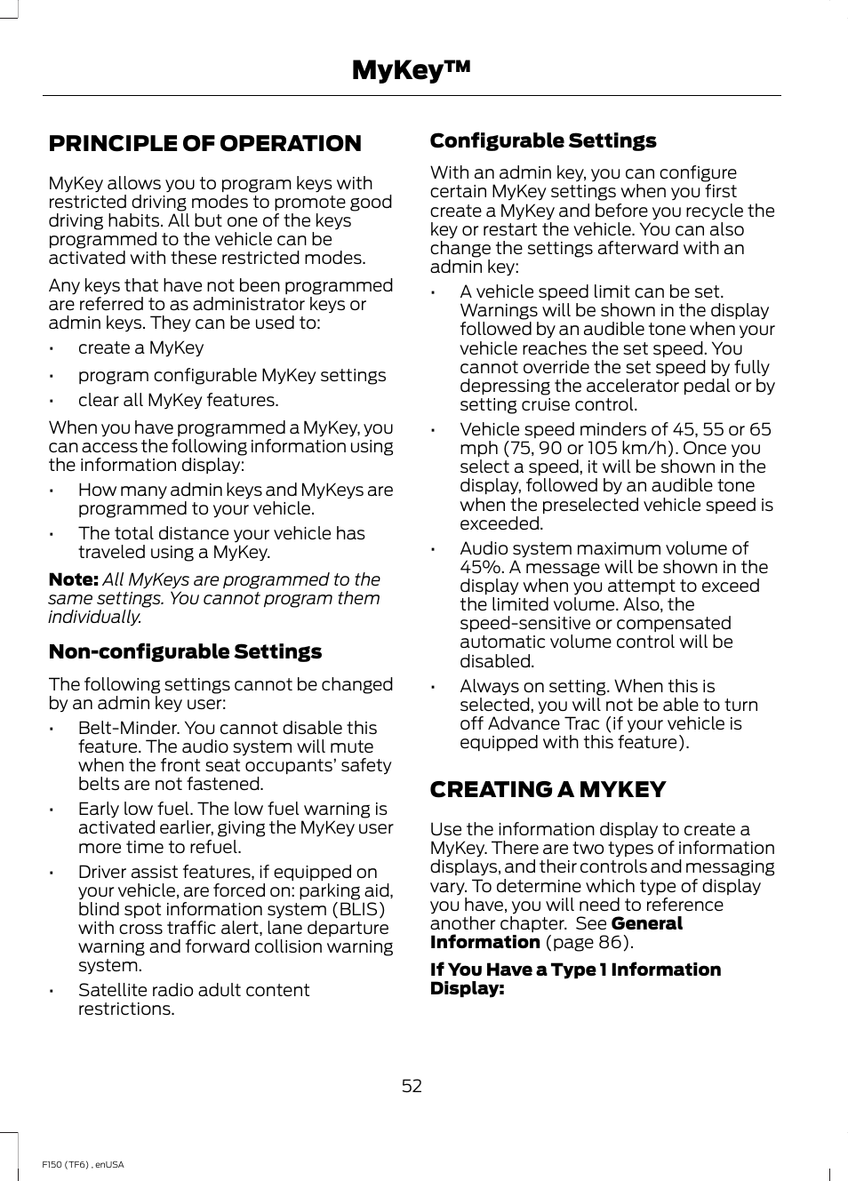 Mykey, Principle of operation, Creating a mykey | Principle of operation creating a mykey | FORD 2014 F-150 Raptor v.2 User Manual | Page 55 / 470