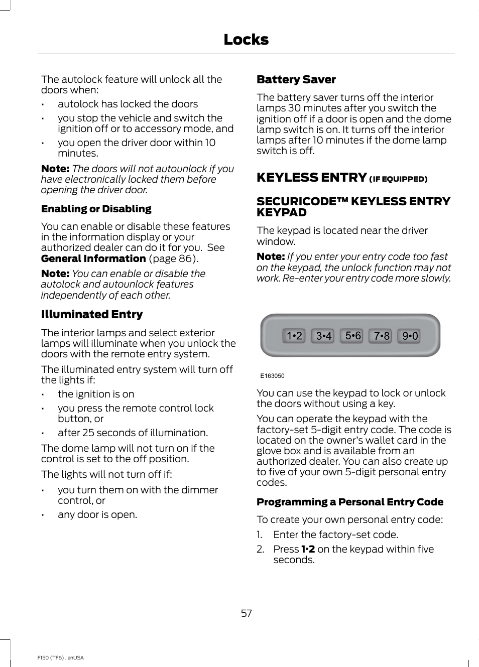 Keyless entry, Locks | FORD 2014 F-150 Raptor v.2 User Manual | Page 60 / 470