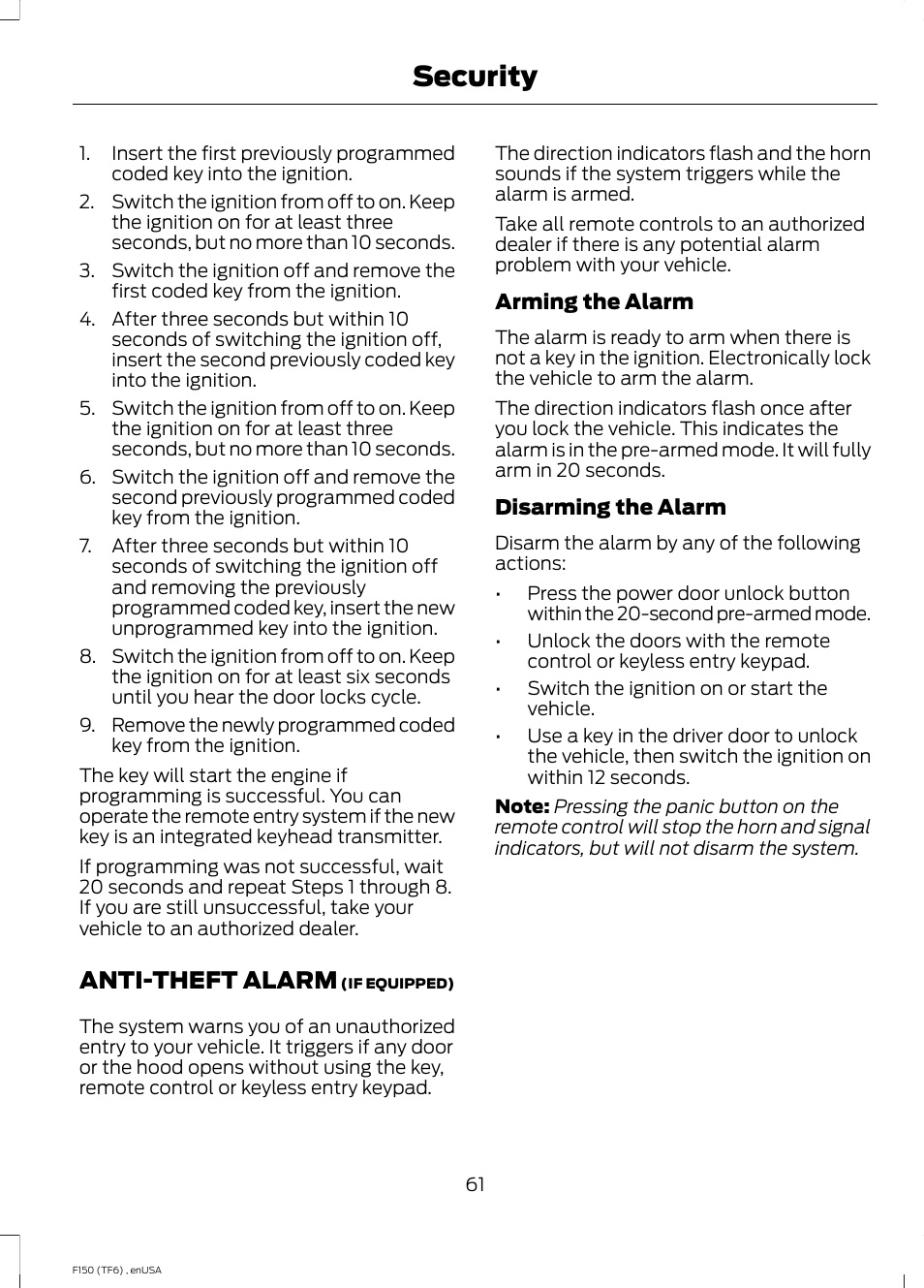 Anti-theft alarm, Security | FORD 2014 F-150 Raptor v.2 User Manual | Page 64 / 470