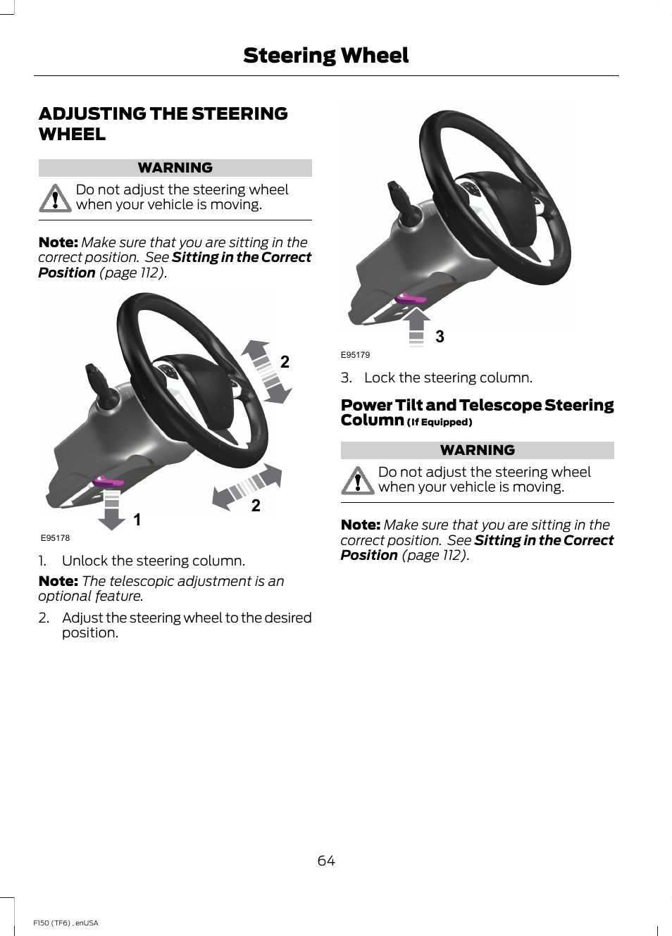 Steering wheel, Adjusting the steering wheel | FORD 2014 F-150 Raptor v.2 User Manual | Page 67 / 470