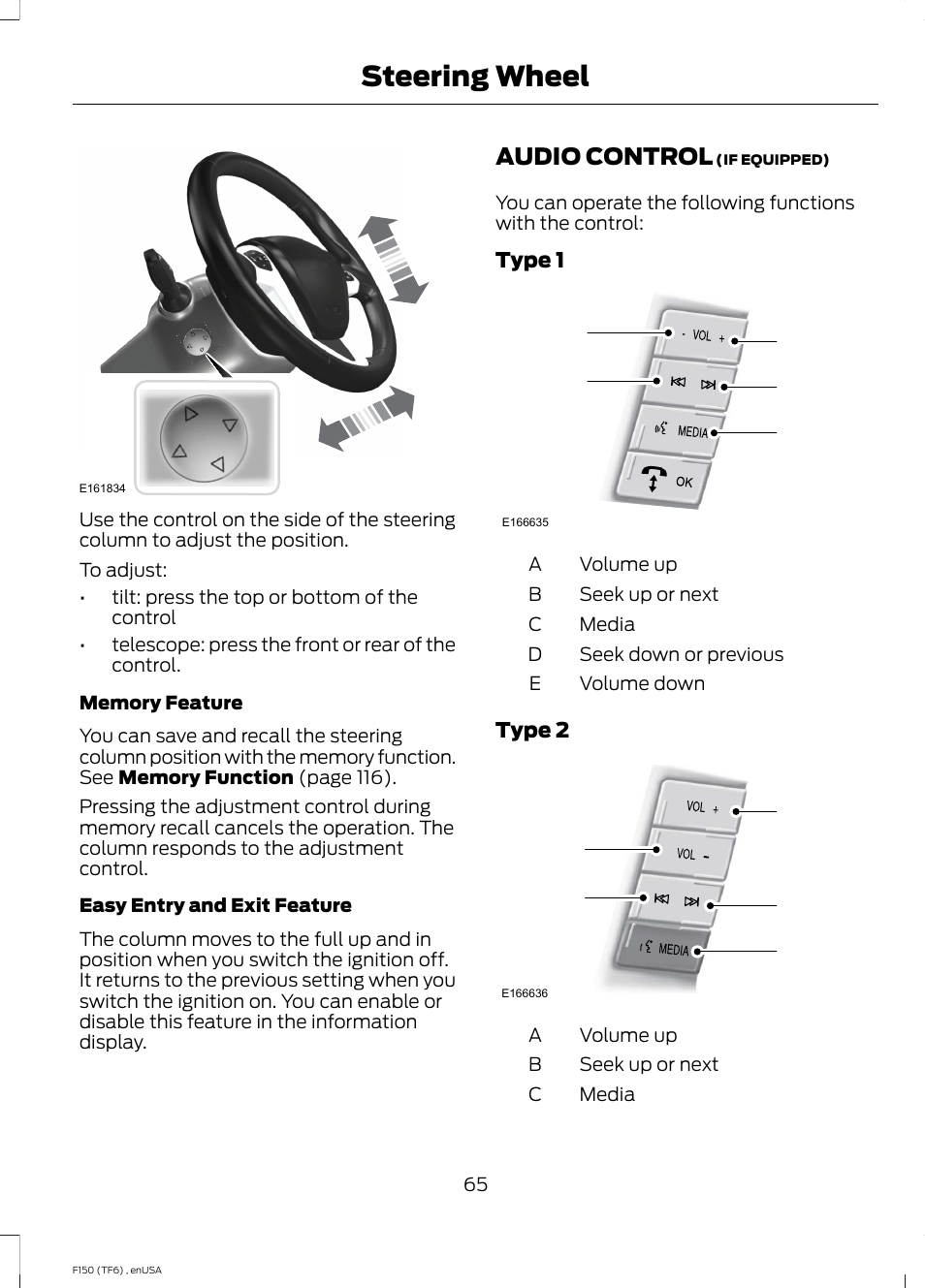 Audio control, Steering wheel, Ed b a c | FORD 2014 F-150 Raptor v.2 User Manual | Page 68 / 470