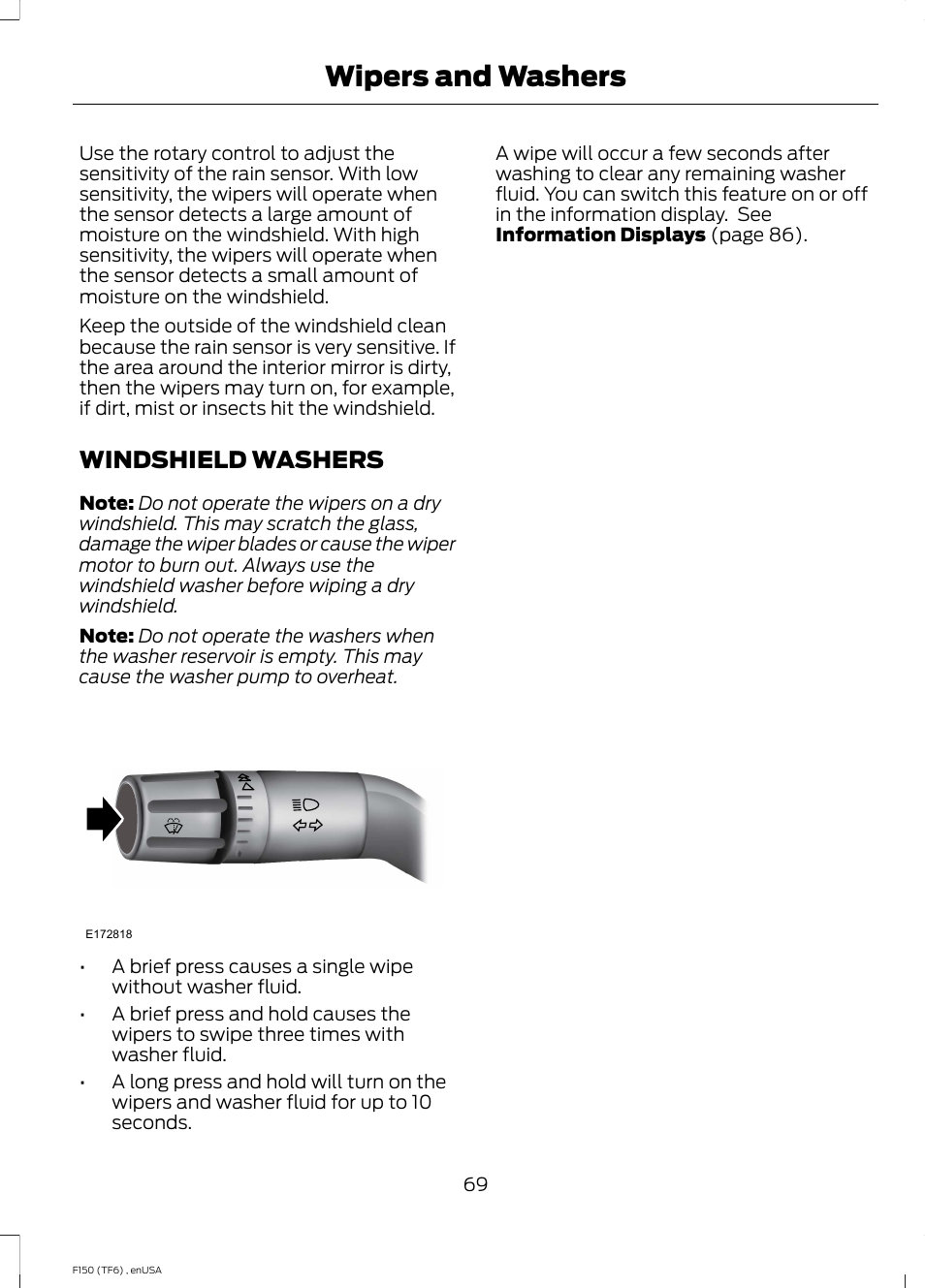 Windshield washers, Wipers and washers | FORD 2014 F-150 Raptor v.2 User Manual | Page 72 / 470