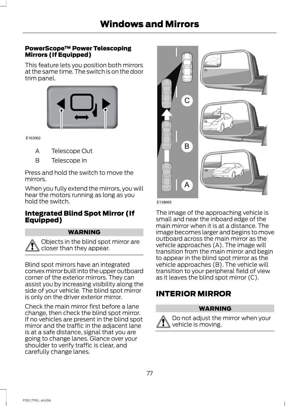 Interior mirror, Windows and mirrors, Ab c | FORD 2014 F-150 Raptor v.2 User Manual | Page 80 / 470