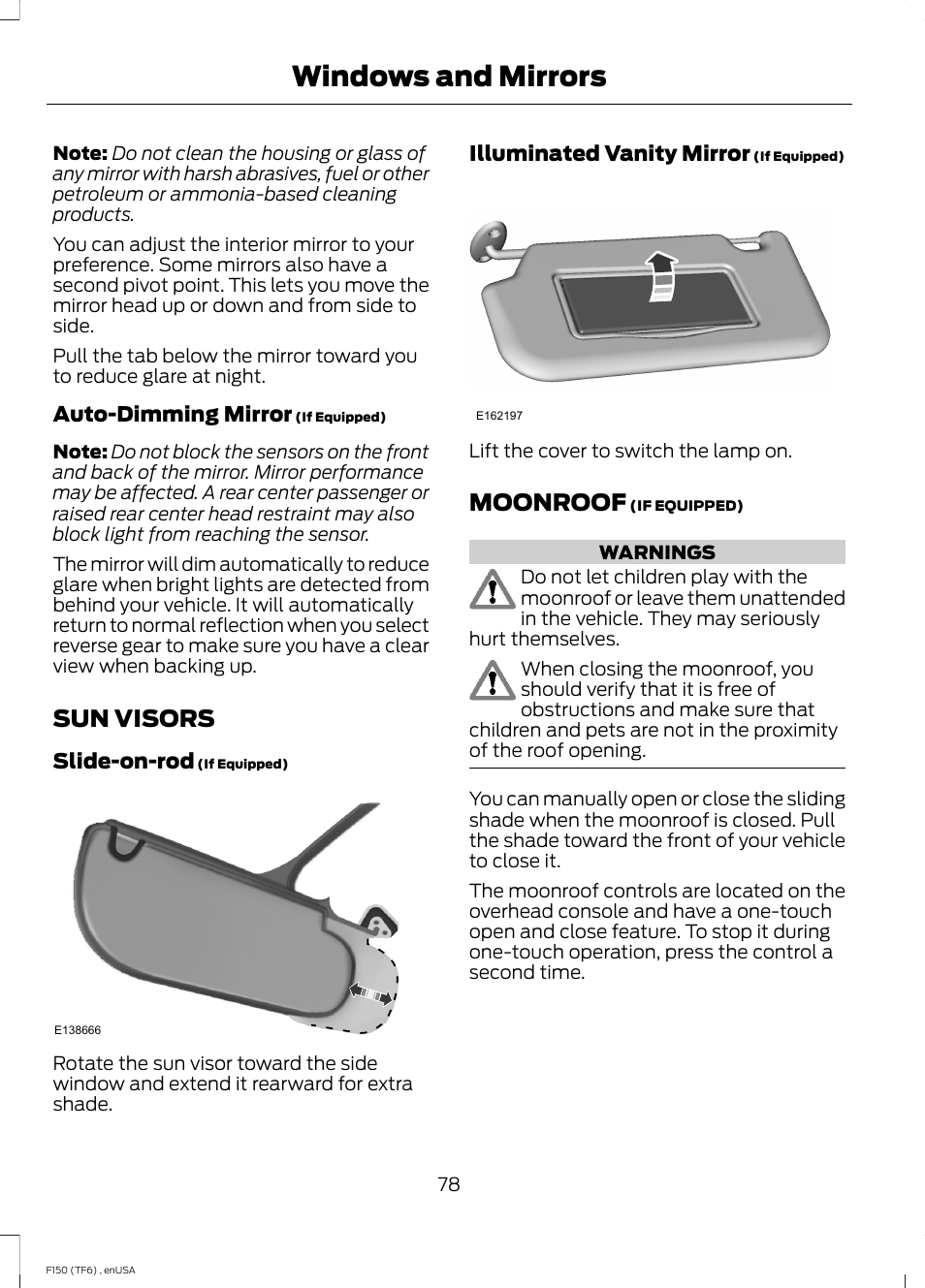 Sun visors, Moonroof, Sun visors moonroof | Windows and mirrors | FORD 2014 F-150 Raptor v.2 User Manual | Page 81 / 470