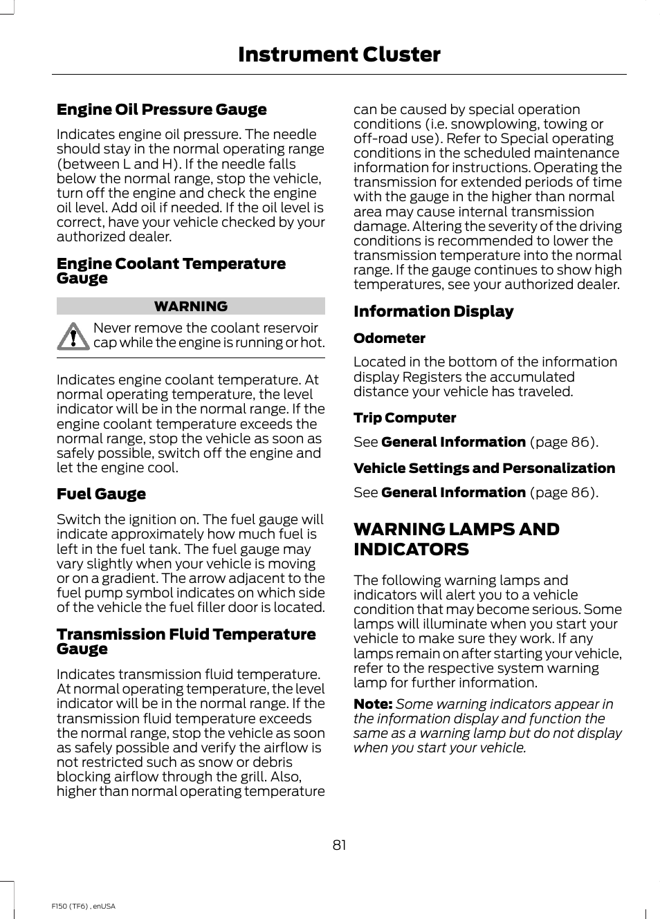 Warning lamps and indicators, Instrument cluster | FORD 2014 F-150 Raptor v.2 User Manual | Page 84 / 470