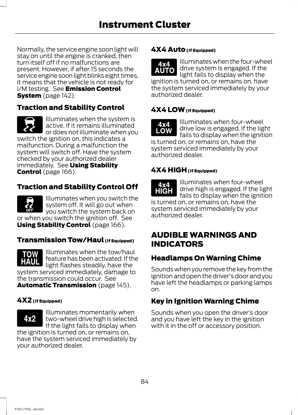 Audible warnings and indicators, Instrument cluster | FORD 2014 F-150 Raptor v.2 User Manual | Page 87 / 470