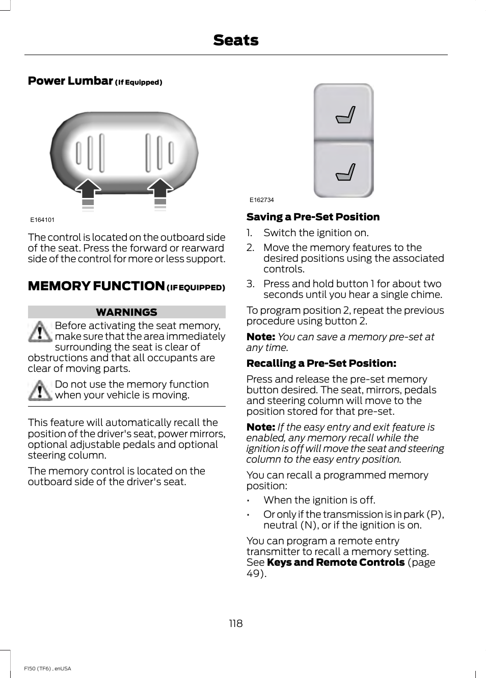 Memory function, Seats | FORD 2014 F-150 Raptor v.3 User Manual | Page 121 / 472