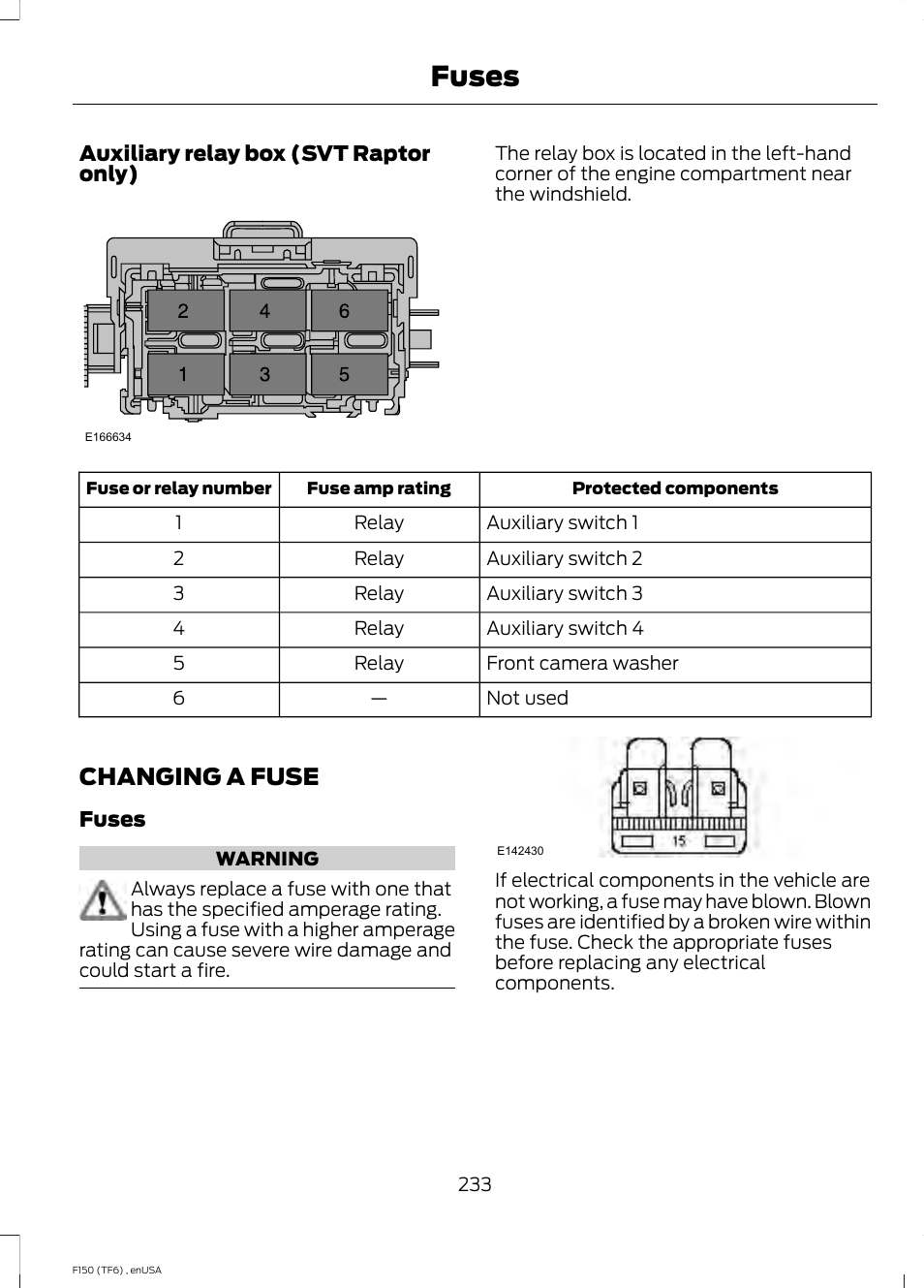 Changing a fuse, Fuses | FORD 2014 F-150 Raptor v.3 User Manual | Page 236 / 472