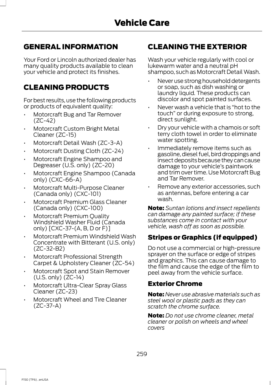Vehicle care, General information, Cleaning products | Cleaning the exterior | FORD 2014 F-150 Raptor v.3 User Manual | Page 262 / 472