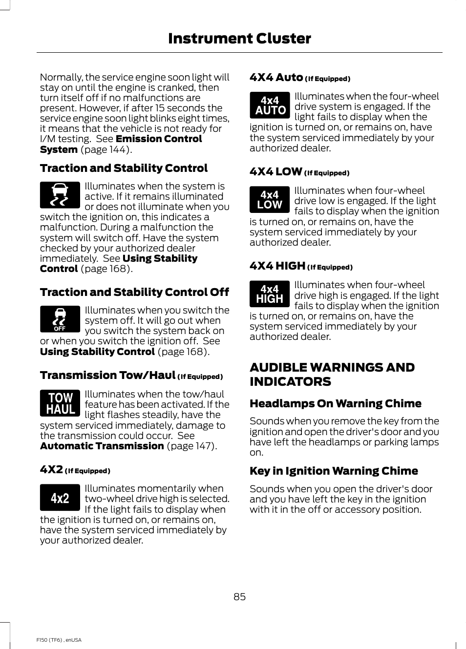 Audible warnings and indicators, Instrument cluster | FORD 2014 F-150 Raptor v.3 User Manual | Page 88 / 472