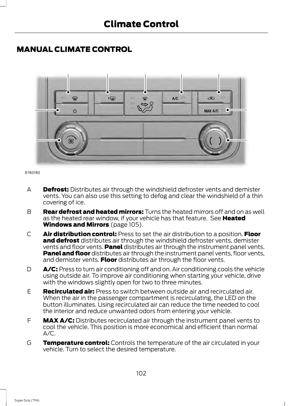 Climate control, Manual climate control | FORD 2014 F-550 v.1 User Manual | Page 105 / 458