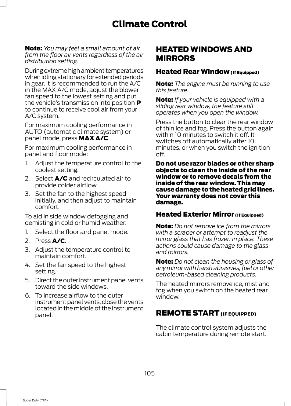 Heated windows and mirrors, Remote start, Heated windows and mirrors remote start | Climate control | FORD 2014 F-550 v.1 User Manual | Page 108 / 458