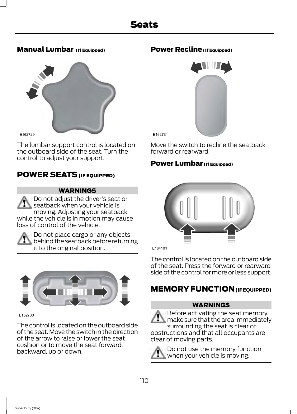 Power seats, Memory function, Seats | Manual lumbar, Power recline, Power lumbar | FORD 2014 F-550 v.1 User Manual | Page 113 / 458