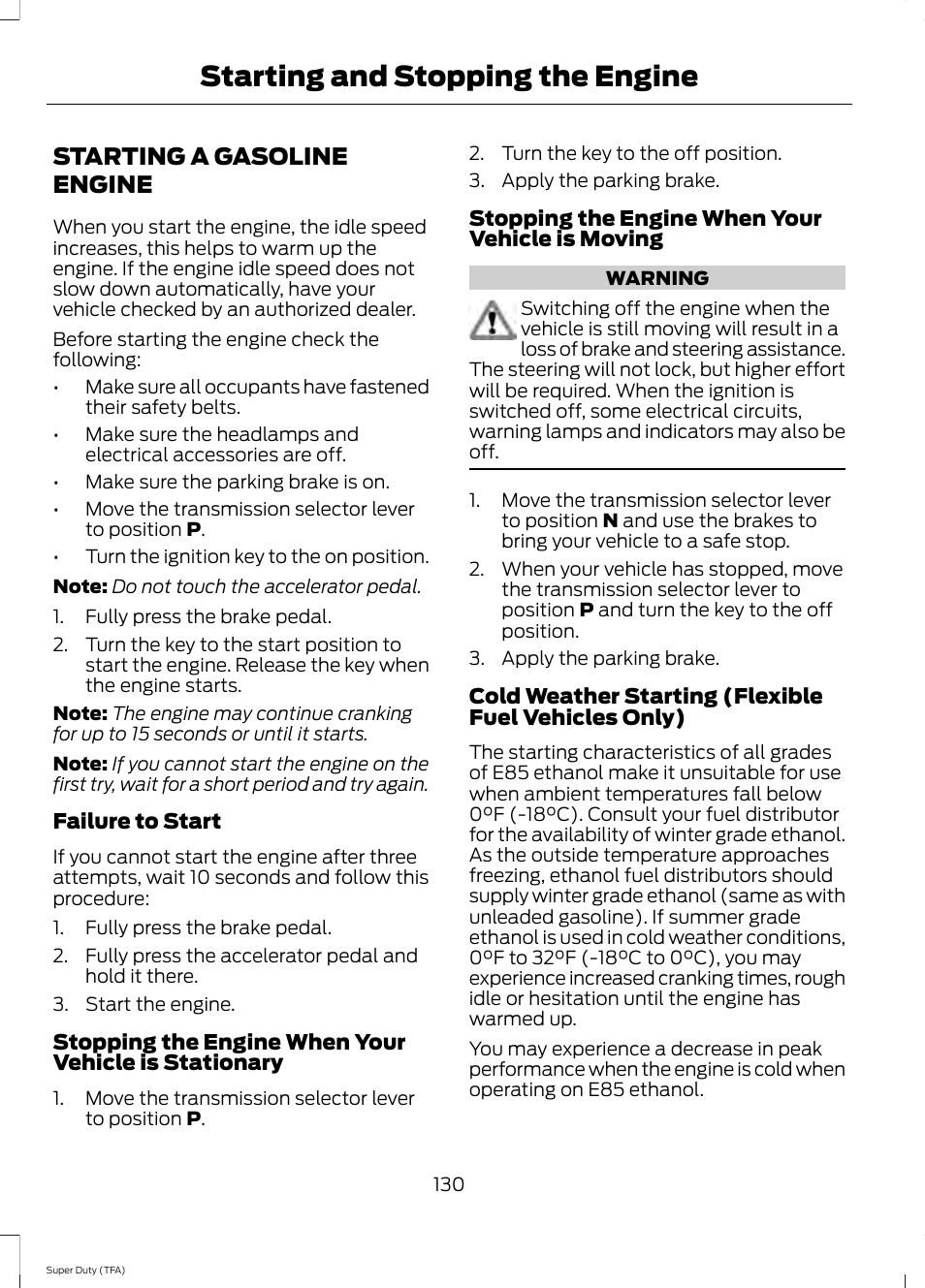 Starting a gasoline engine, Starting and stopping the engine | FORD 2014 F-550 v.1 User Manual | Page 133 / 458