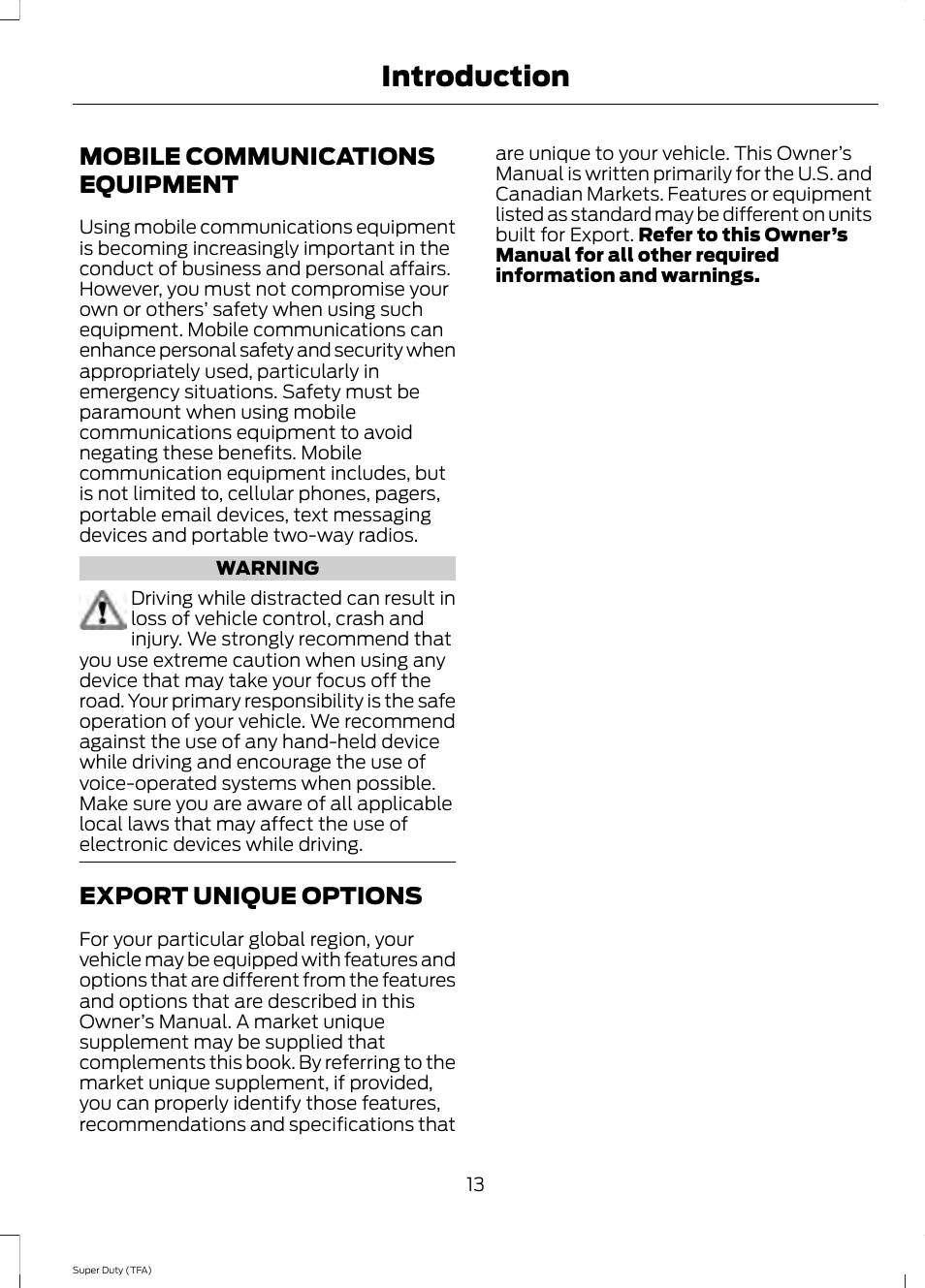 Mobile communications equipment, Export unique options, Mobile communications | Equipment, Introduction | FORD 2014 F-550 v.1 User Manual | Page 16 / 458