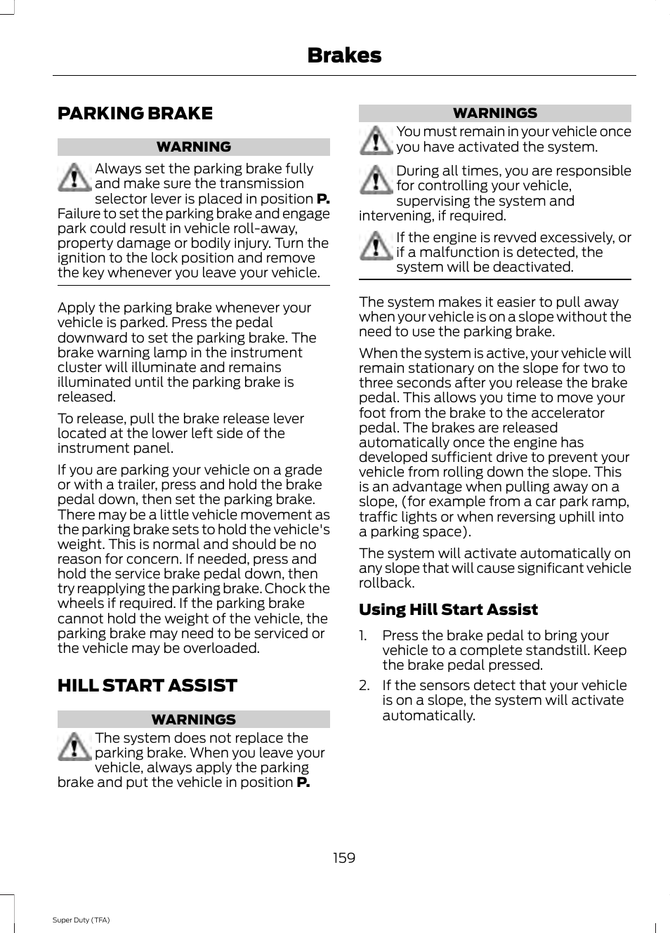 Parking brake, Hill start assist, Parking brake hill start assist | Brakes | FORD 2014 F-550 v.1 User Manual | Page 162 / 458