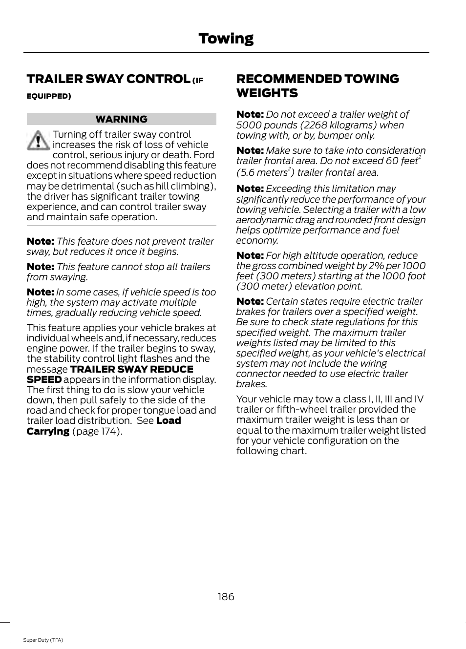Trailer sway control, Recommended towing weights, Trailer sway control recommended towing weights | Towing | FORD 2014 F-550 v.1 User Manual | Page 189 / 458