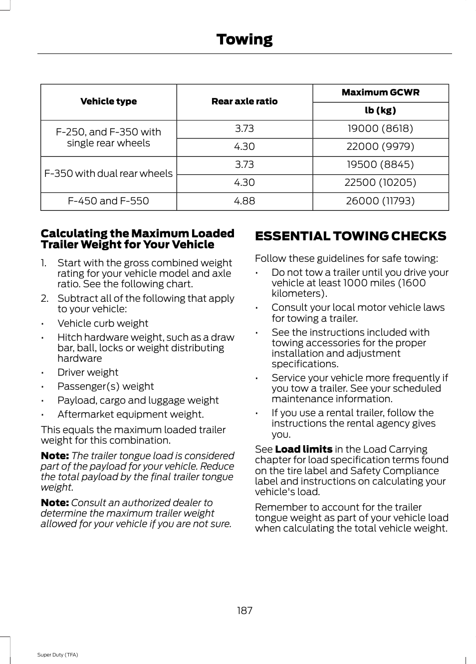 Essential towing checks, Towing | FORD 2014 F-550 v.1 User Manual | Page 190 / 458