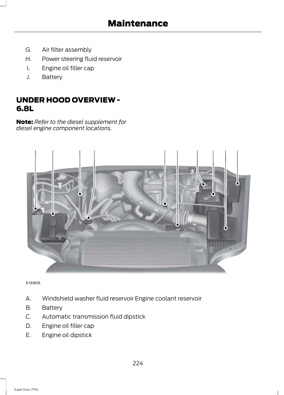 Under hood overview, Under hood overview - 6.8l, Maintenance | FORD 2014 F-550 v.1 User Manual | Page 227 / 458