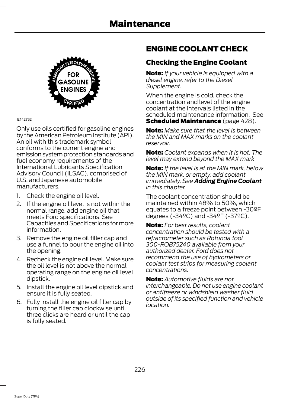Engine coolant check, E see engine coolant check, Maintenance | FORD 2014 F-550 v.1 User Manual | Page 229 / 458