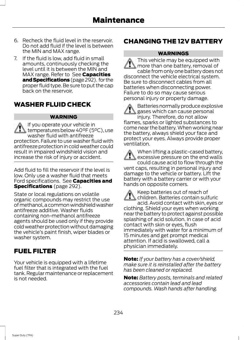 Washer fluid check, Fuel filter, Changing the 12v battery | Maintenance | FORD 2014 F-550 v.1 User Manual | Page 237 / 458