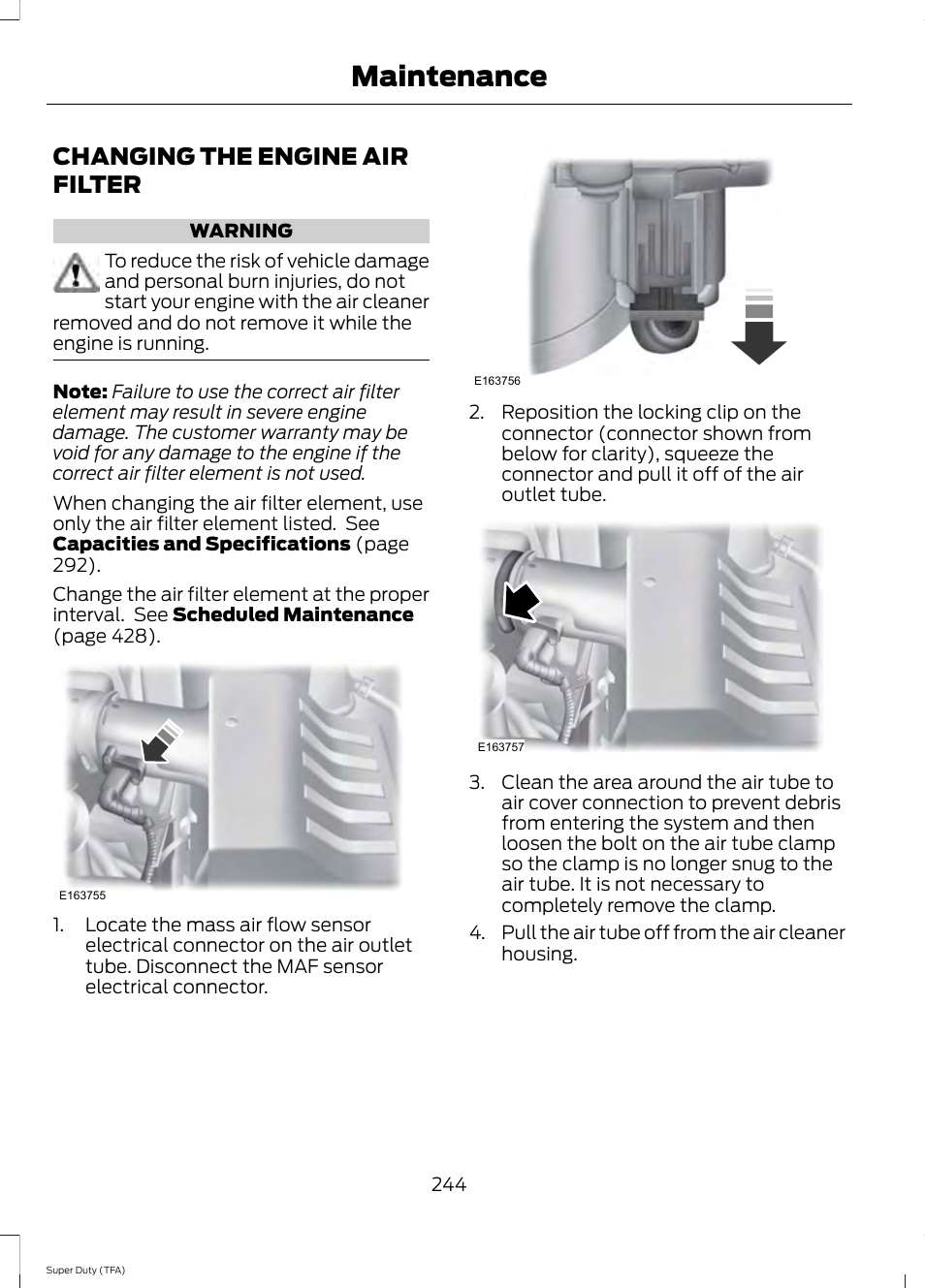 Changing the engine air filter, Maintenance | FORD 2014 F-550 v.1 User Manual | Page 247 / 458