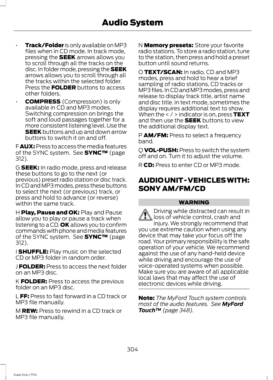 Audio unit, Audio unit - vehicles with: sony, Am/fm/cd | Audio system, Audio unit - vehicles with: sony am/fm/cd | FORD 2014 F-550 v.1 User Manual | Page 307 / 458