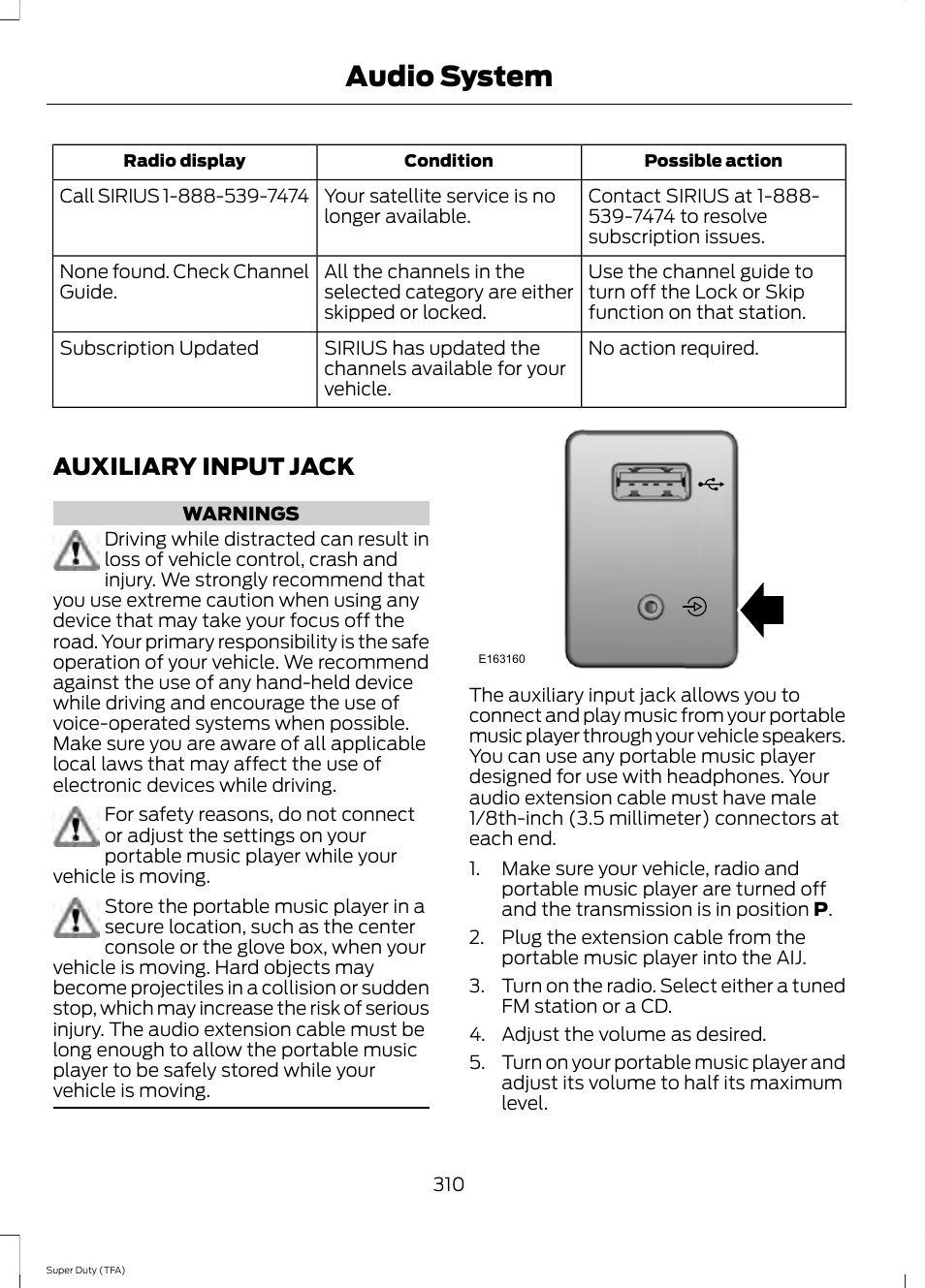 Auxiliary input jack, Audio system | FORD 2014 F-550 v.1 User Manual | Page 313 / 458