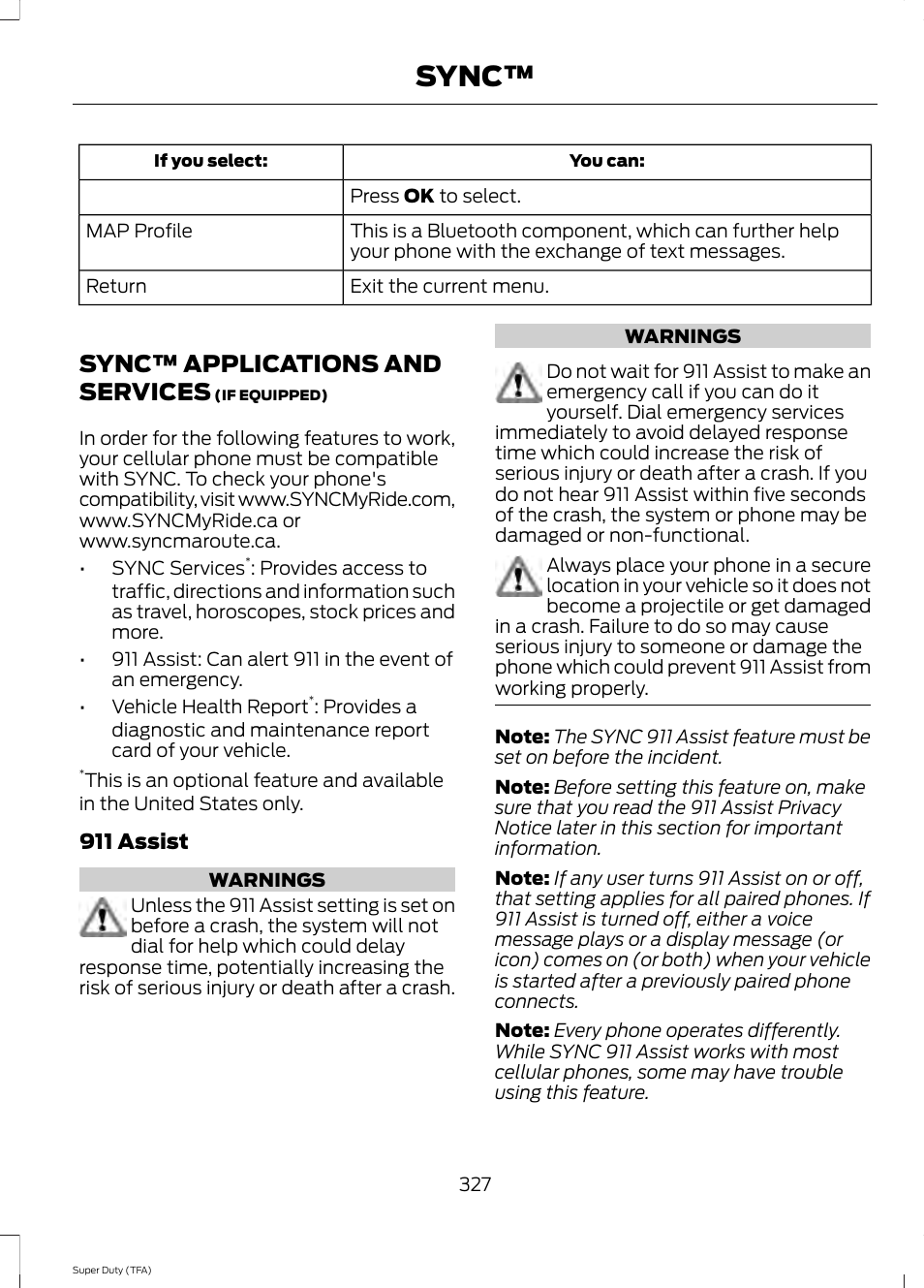 Sync™ applications and services, Sync | FORD 2014 F-550 v.1 User Manual | Page 330 / 458