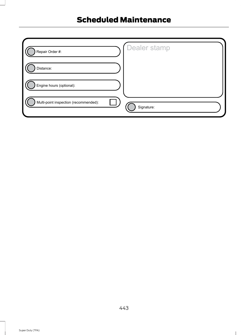 Dealer stamp, Scheduled maintenance | FORD 2014 F-550 v.1 User Manual | Page 446 / 458