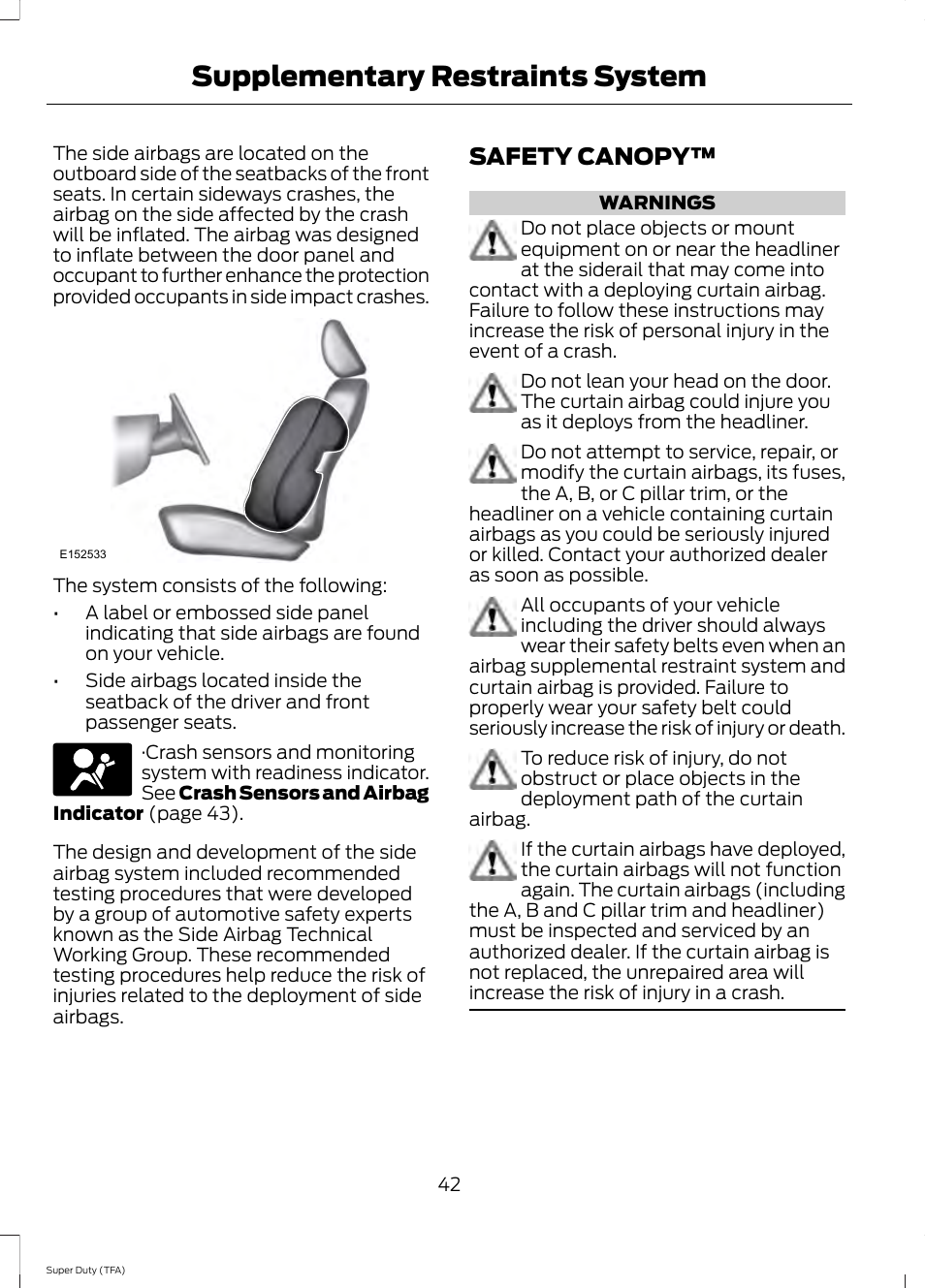Safety canopy, Supplementary restraints system | FORD 2014 F-550 v.1 User Manual | Page 45 / 458