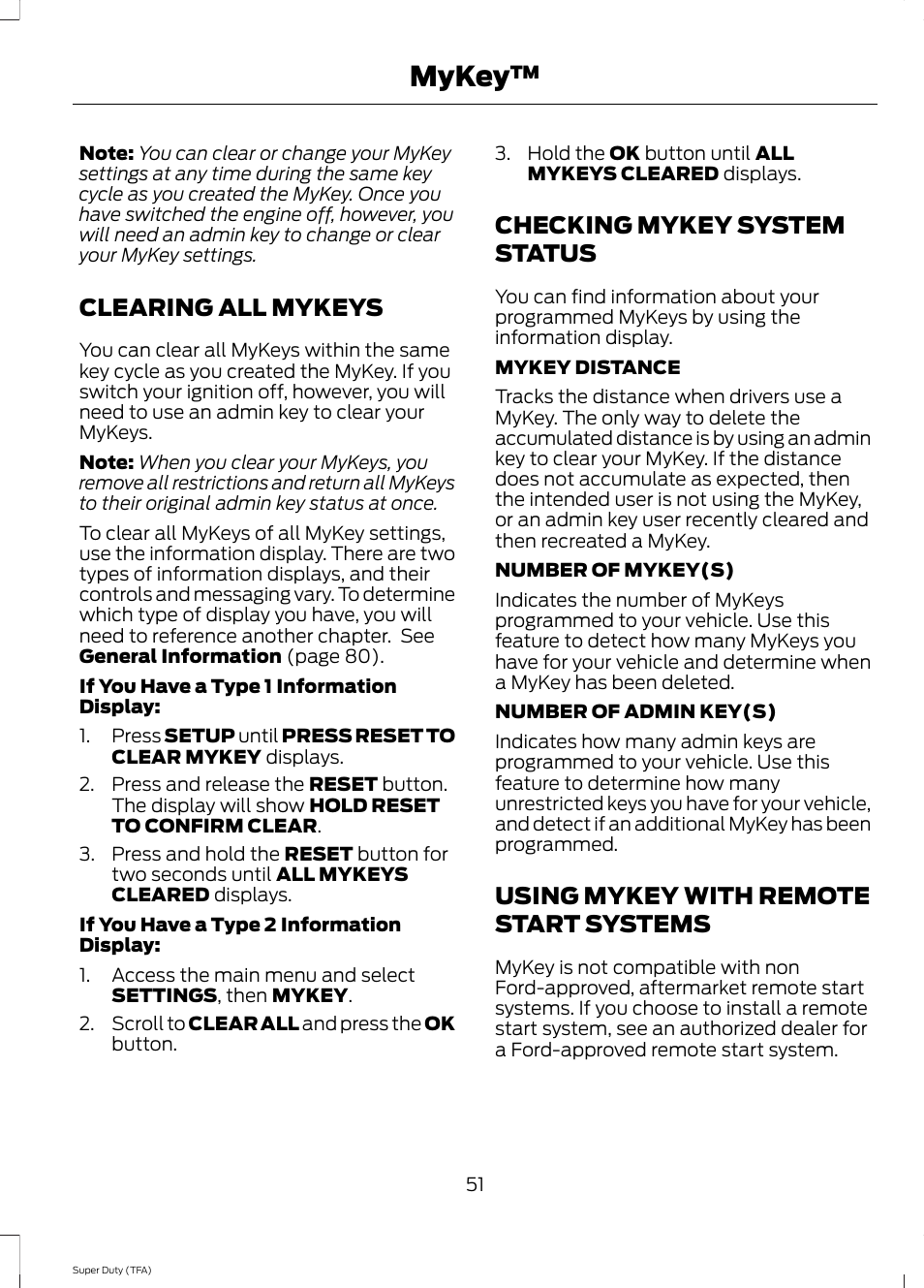 Clearing all mykeys, Checking mykey system status, Using mykey with remote start systems | Systems, Mykey | FORD 2014 F-550 v.1 User Manual | Page 54 / 458