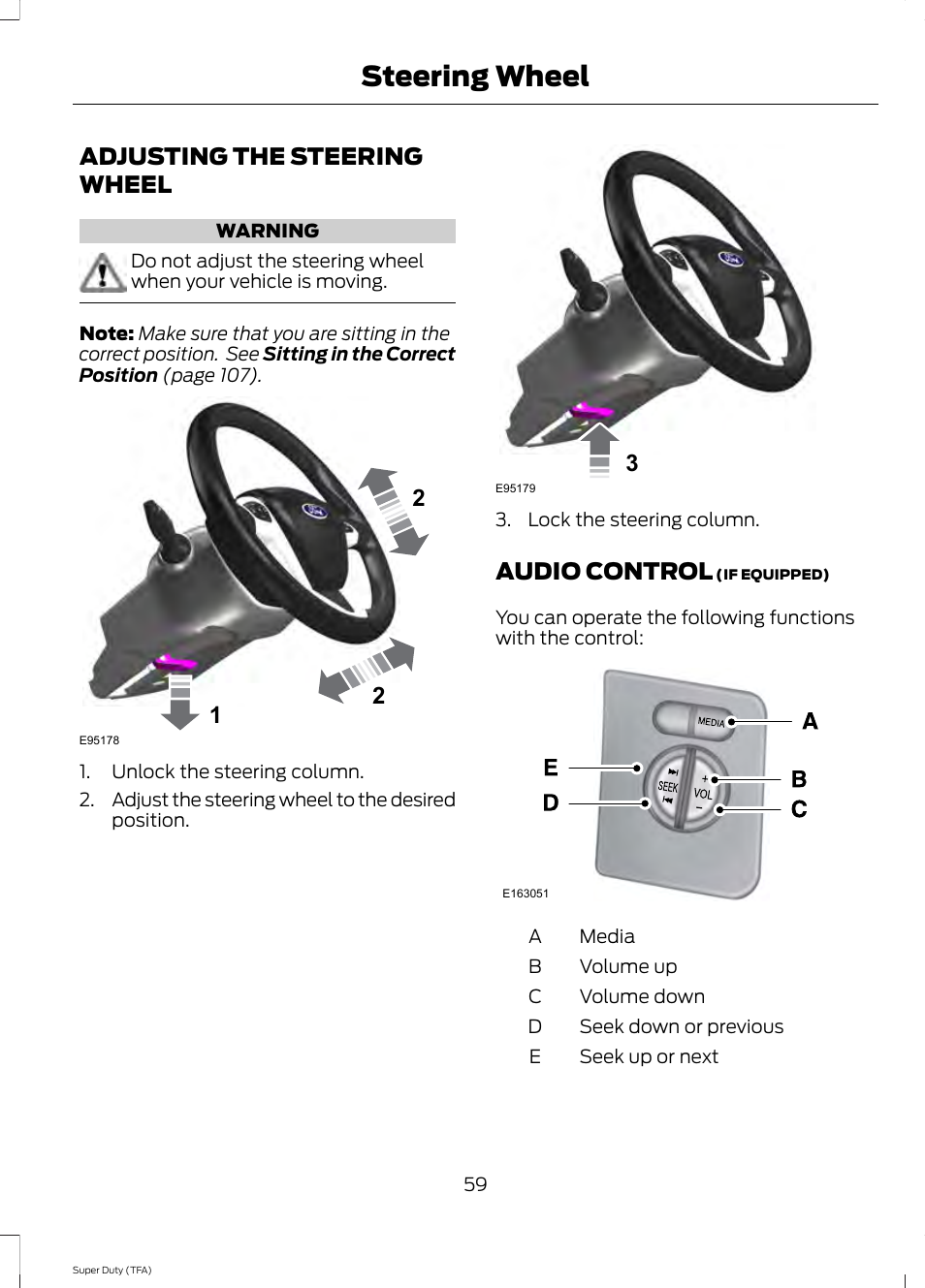 Steering wheel, Adjusting the steering wheel, Audio control | Adjusting the steering wheel audio control | FORD 2014 F-550 v.1 User Manual | Page 62 / 458