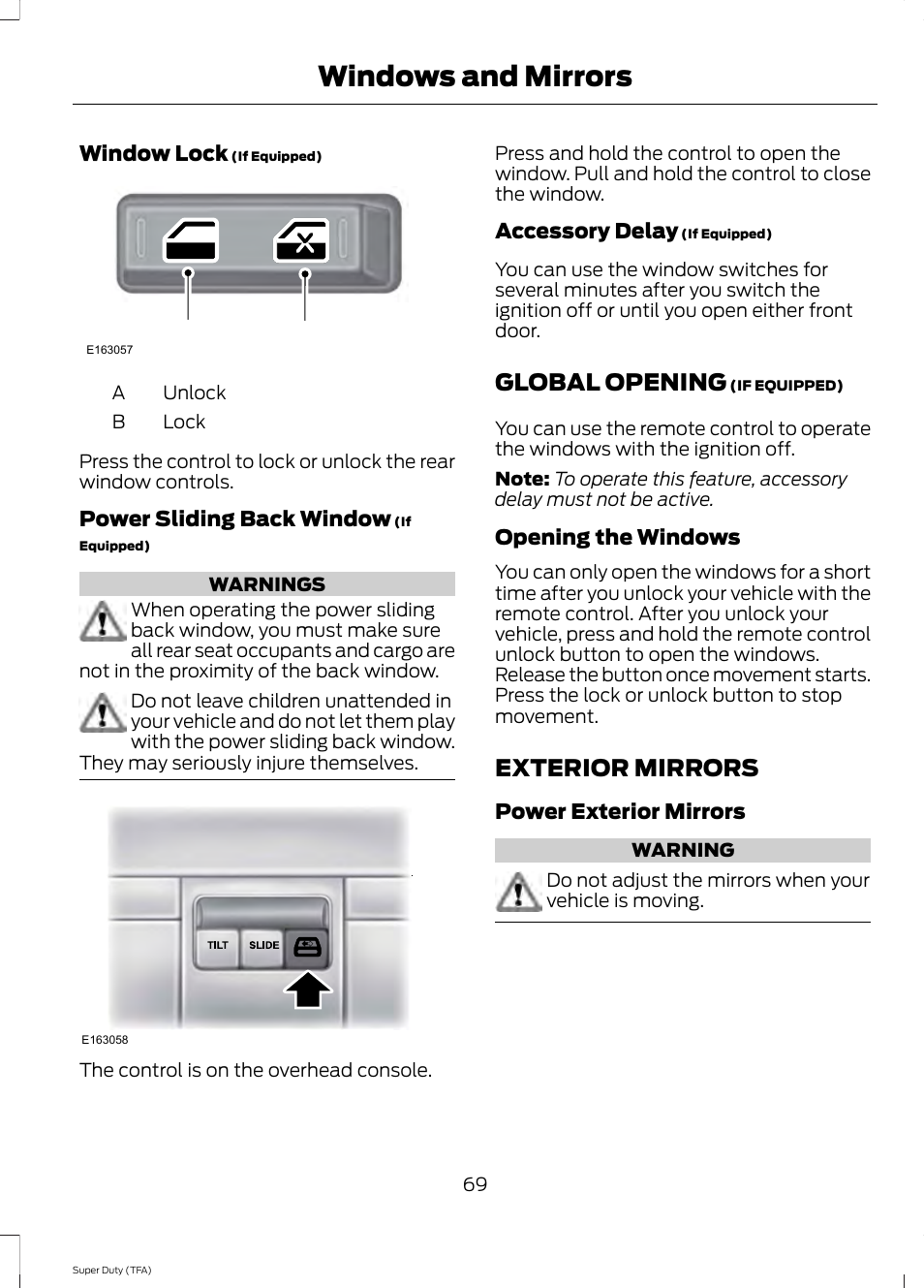 Global opening, Exterior mirrors, Global opening exterior mirrors | Windows and mirrors | FORD 2014 F-550 v.1 User Manual | Page 72 / 458