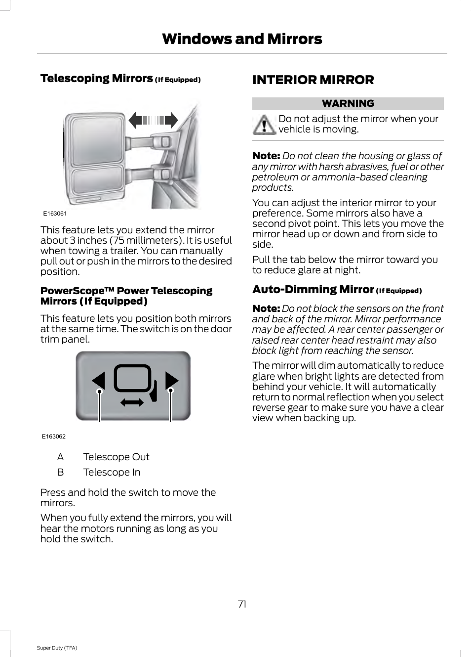 Interior mirror, Windows and mirrors | FORD 2014 F-550 v.1 User Manual | Page 74 / 458