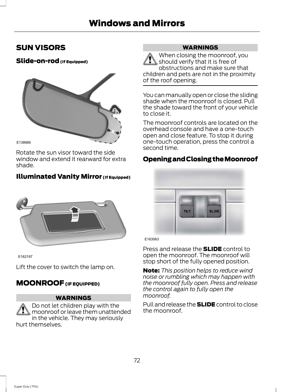 Sun visors, Moonroof, Sun visors moonroof | Windows and mirrors | FORD 2014 F-550 v.1 User Manual | Page 75 / 458