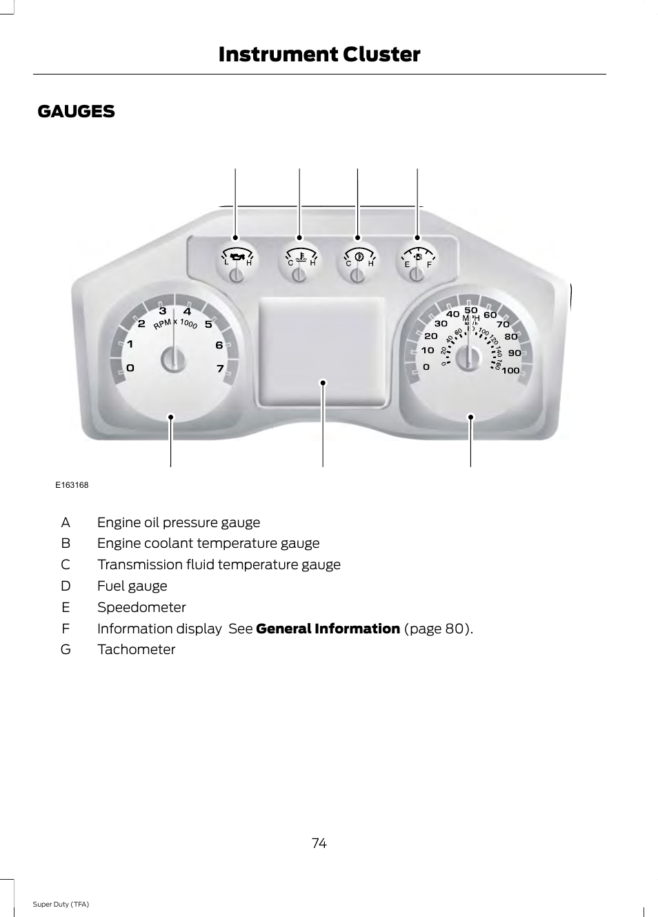 Instrument cluster, Gauges | FORD 2014 F-550 v.1 User Manual | Page 77 / 458