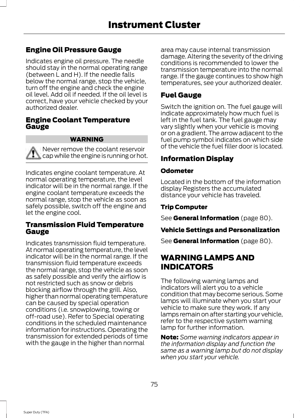 Warning lamps and indicators, Instrument cluster | FORD 2014 F-550 v.1 User Manual | Page 78 / 458