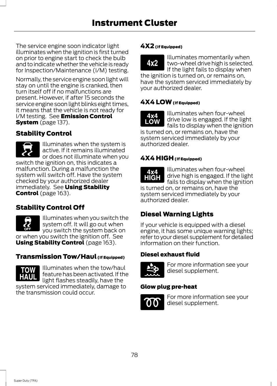 Instrument cluster, Stability control, Stability control off | Transmission tow/haul, 4x4 low, 4x4 high, Diesel warning lights | FORD 2014 F-550 v.1 User Manual | Page 81 / 458
