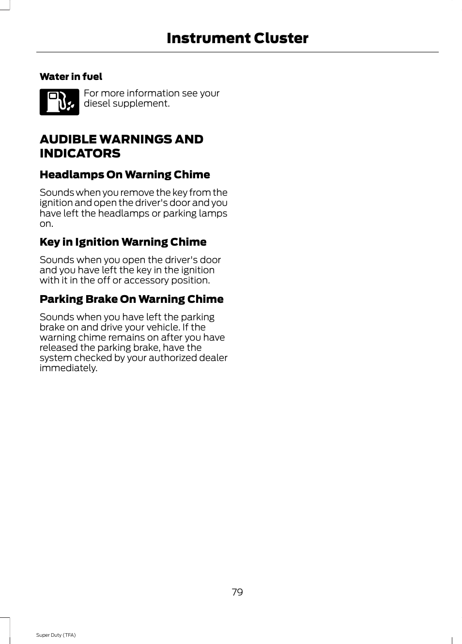 Audible warnings and indicators, Instrument cluster | FORD 2014 F-550 v.1 User Manual | Page 82 / 458